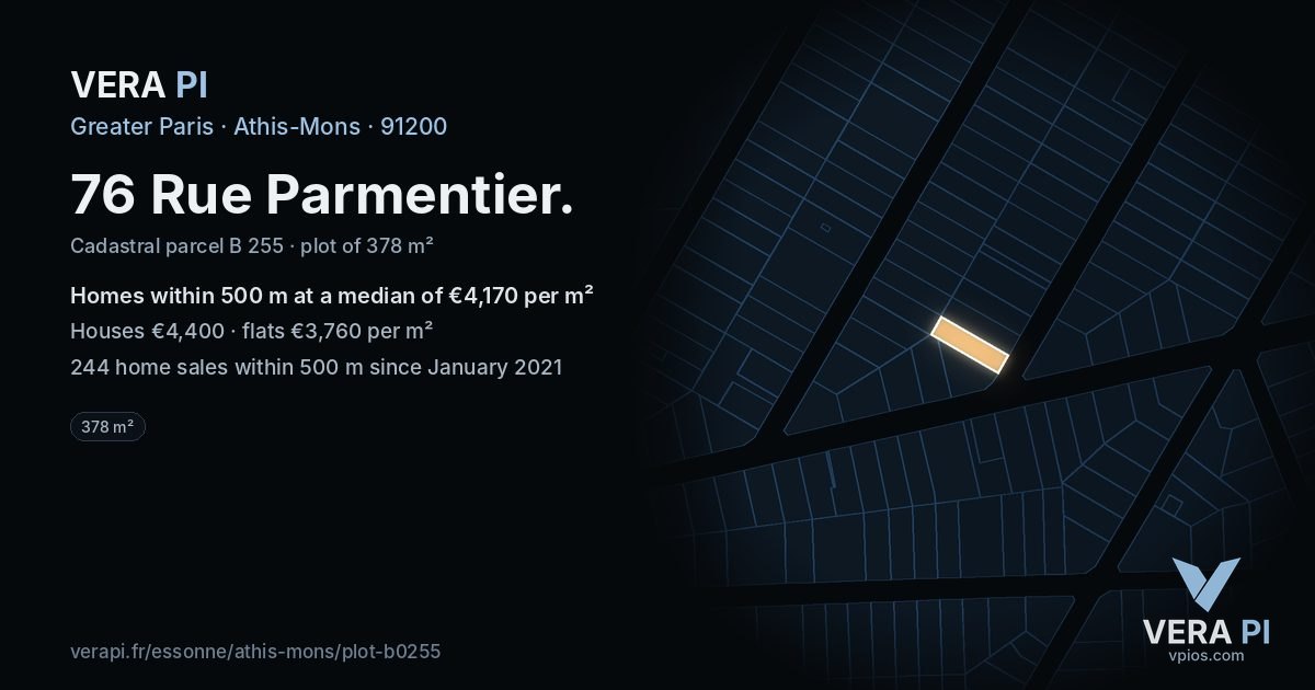 76 Rue Parmentier, Athis-Mons at night – the plot lit, the parcels around coloured by the prices near them