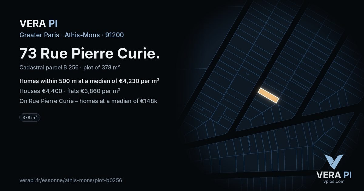 73 Rue Pierre Curie, Athis-Mons at night – the plot lit, the parcels around coloured by the prices near them