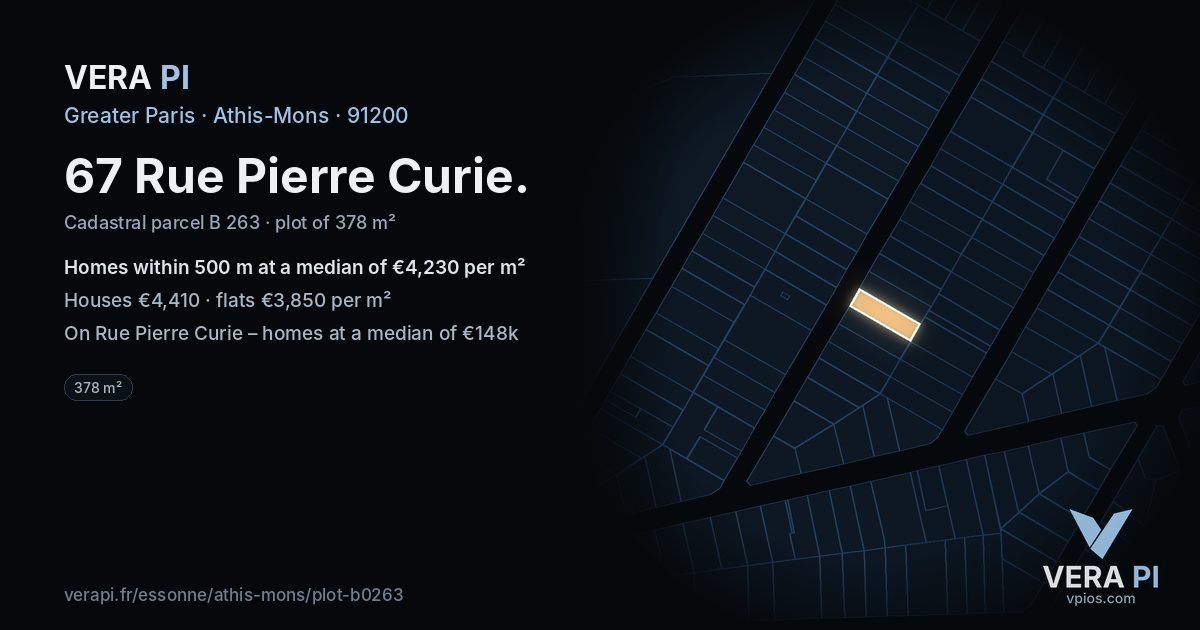 67 Rue Pierre Curie, Athis-Mons at night – the plot lit, the parcels around coloured by the prices near them
