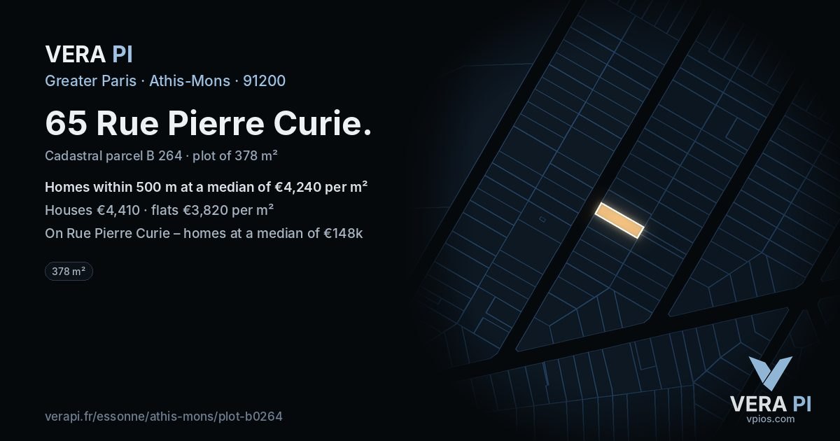 65 Rue Pierre Curie, Athis-Mons at night – the plot lit, the parcels around coloured by the prices near them