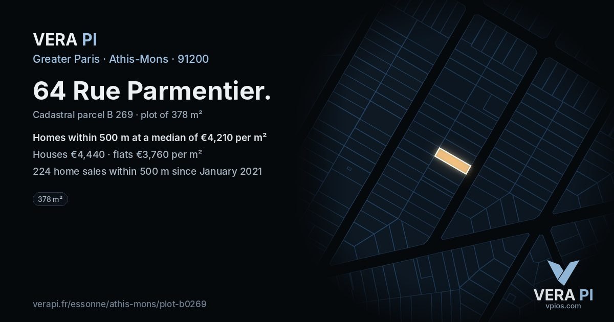 64 Rue Parmentier, Athis-Mons at night – the plot lit, the parcels around coloured by the prices near them