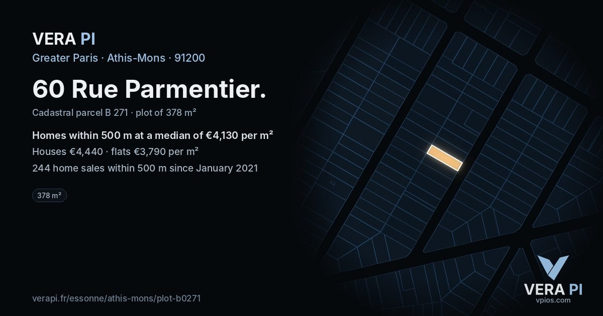60 Rue Parmentier, Athis-Mons at night – the plot lit, the parcels around coloured by the prices near them