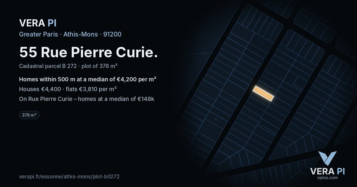 55 Rue Pierre Curie, Athis-Mons at night – the plot lit, the parcels around coloured by the prices near them