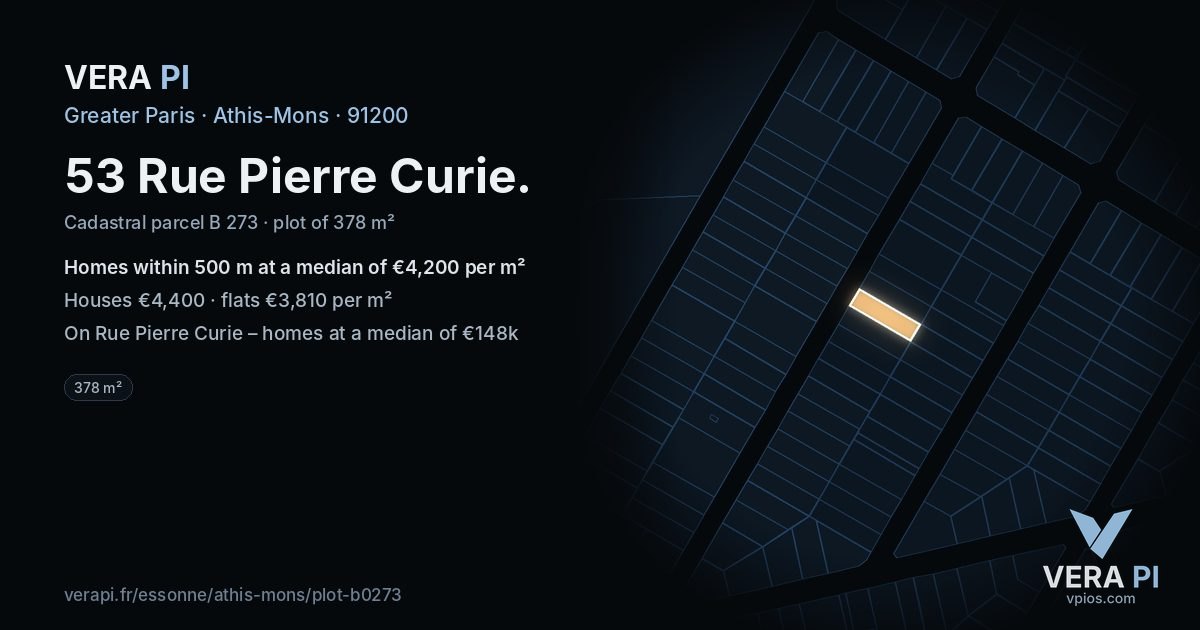 53 Rue Pierre Curie, Athis-Mons at night – the plot lit, the parcels around coloured by the prices near them