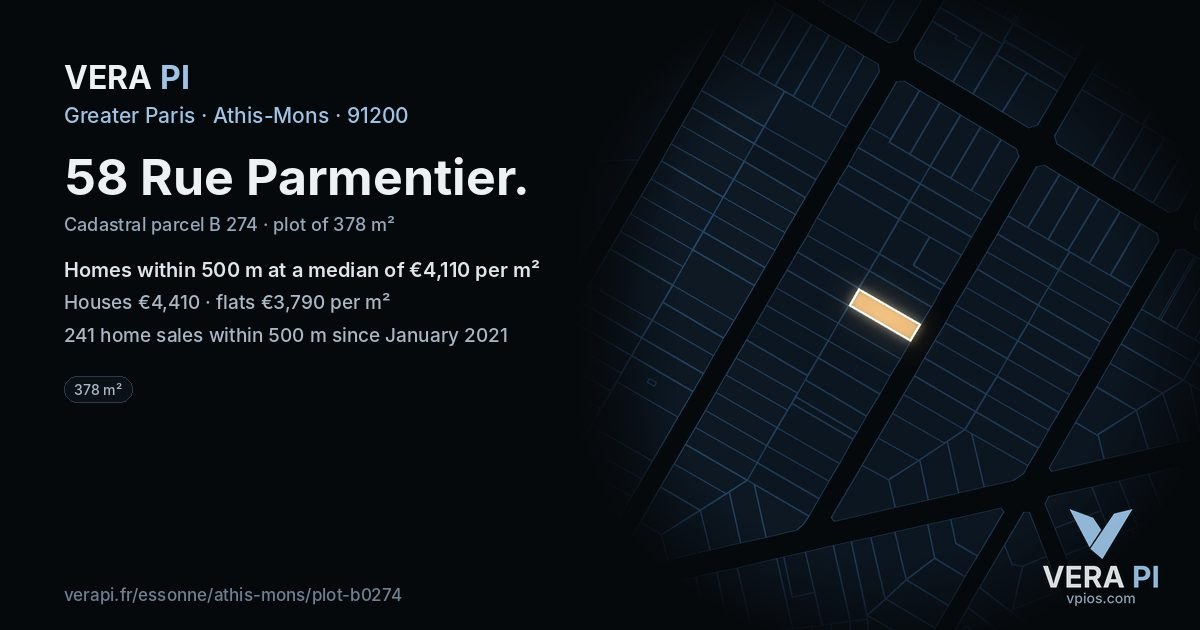 58 Rue Parmentier, Athis-Mons at night – the plot lit, the parcels around coloured by the prices near them