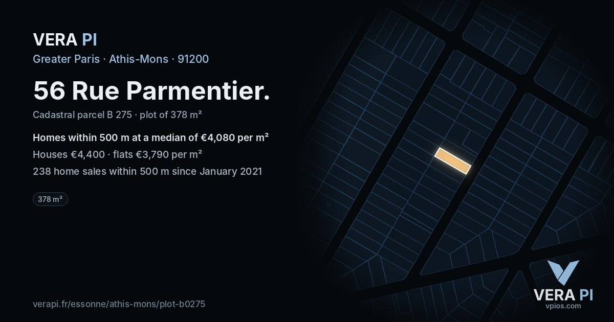 56 Rue Parmentier, Athis-Mons at night – the plot lit, the parcels around coloured by the prices near them