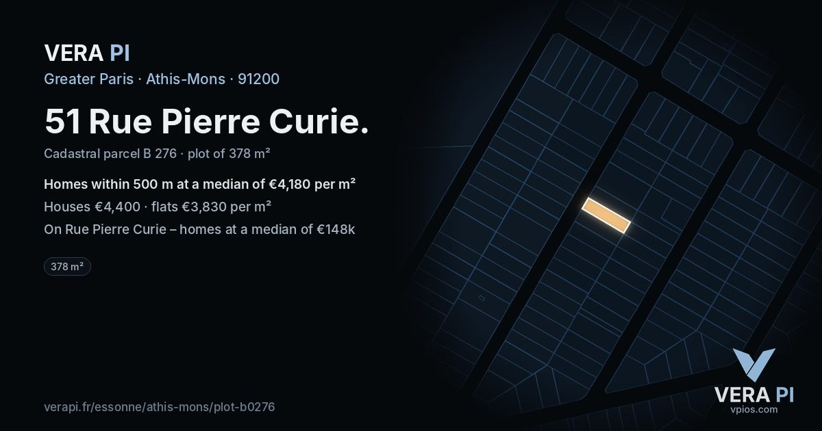 51 Rue Pierre Curie, Athis-Mons at night – the plot lit, the parcels around coloured by the prices near them