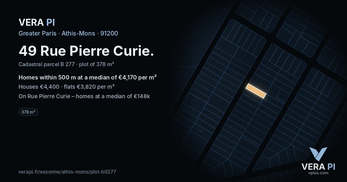 49 Rue Pierre Curie, Athis-Mons at night – the plot lit, the parcels around coloured by the prices near them