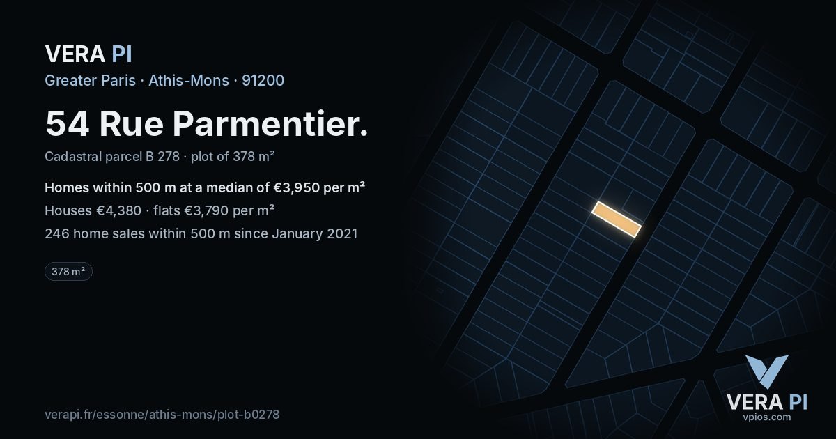 54 Rue Parmentier, Athis-Mons at night – the plot lit, the parcels around coloured by the prices near them