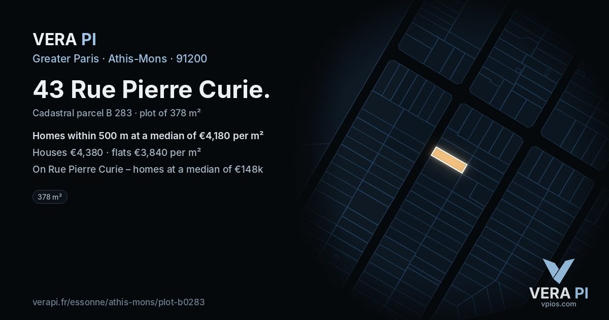 43 Rue Pierre Curie, Athis-Mons at night – the plot lit, the parcels around coloured by the prices near them