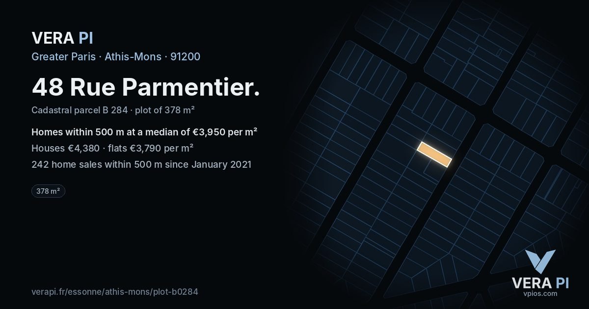 48 Rue Parmentier, Athis-Mons at night – the plot lit, the parcels around coloured by the prices near them