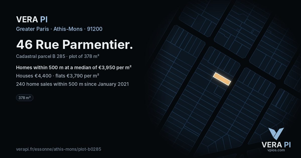 46 Rue Parmentier, Athis-Mons at night – the plot lit, the parcels around coloured by the prices near them