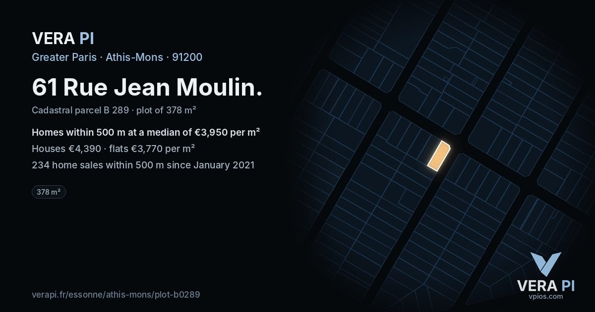 61 Rue Jean Moulin, Athis-Mons at night – the plot lit, the parcels around coloured by the prices near them