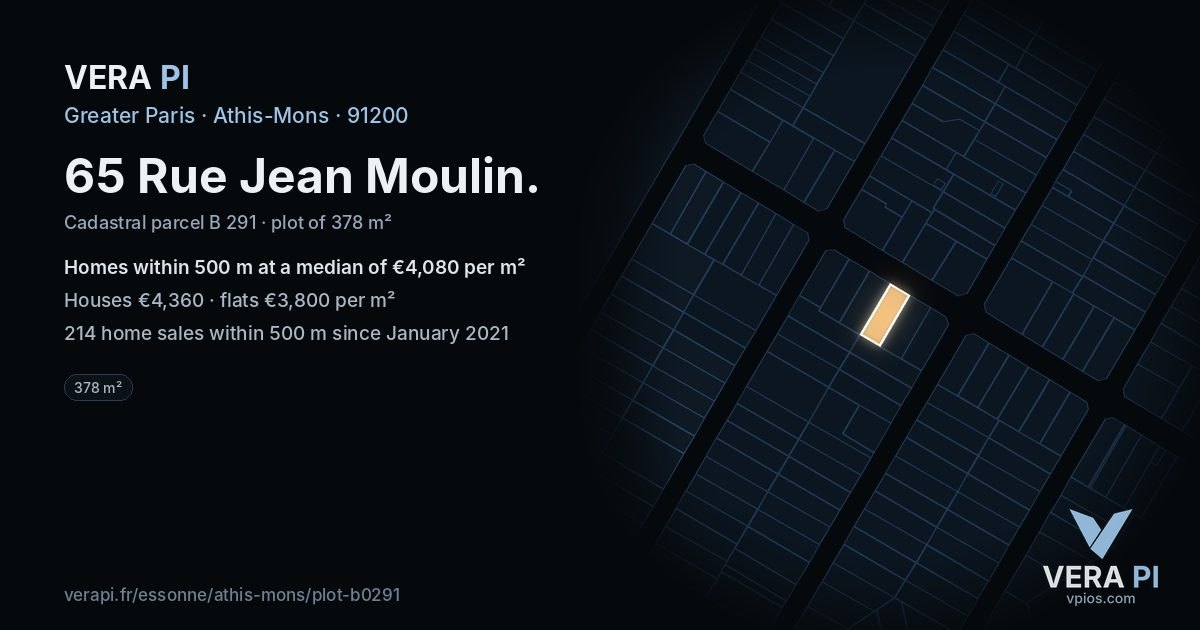 65 Rue Jean Moulin, Athis-Mons at night – the plot lit, the parcels around coloured by the prices near them