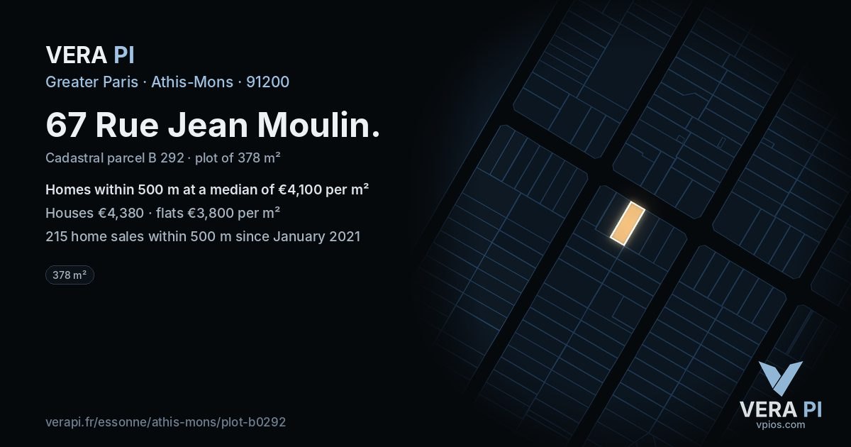 67 Rue Jean Moulin, Athis-Mons at night – the plot lit, the parcels around coloured by the prices near them