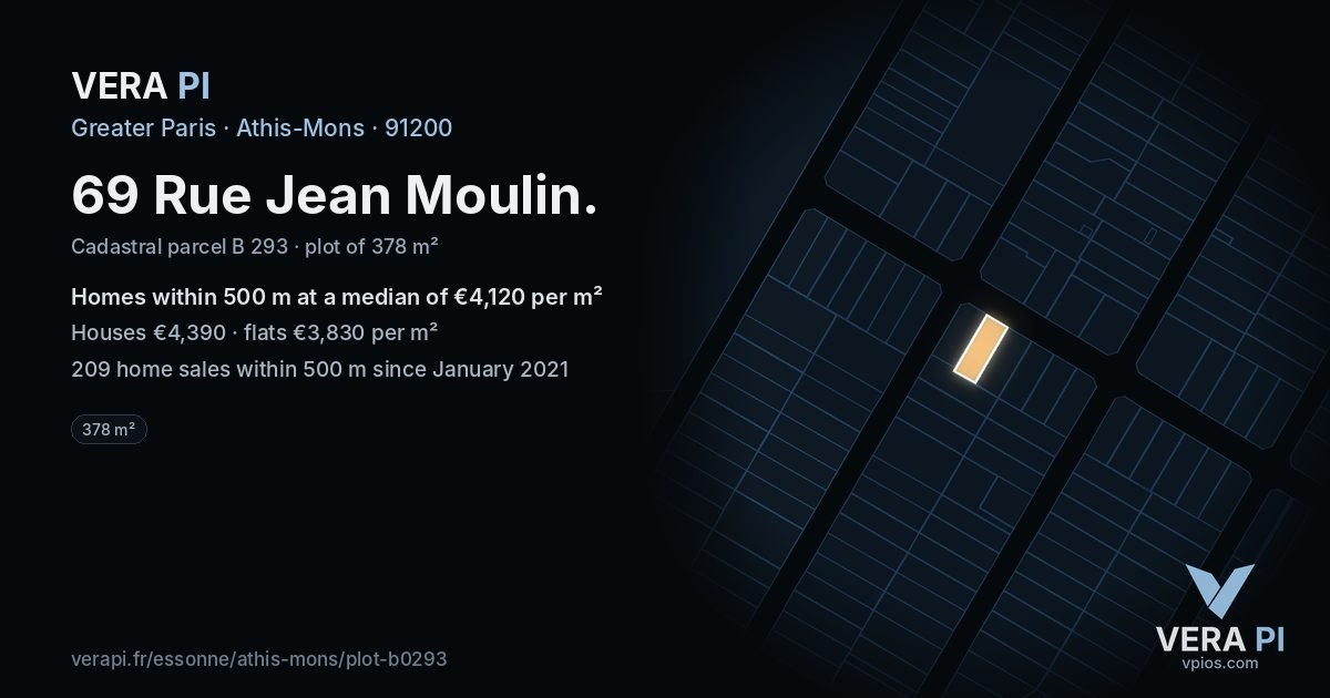 69 Rue Jean Moulin, Athis-Mons at night – the plot lit, the parcels around coloured by the prices near them