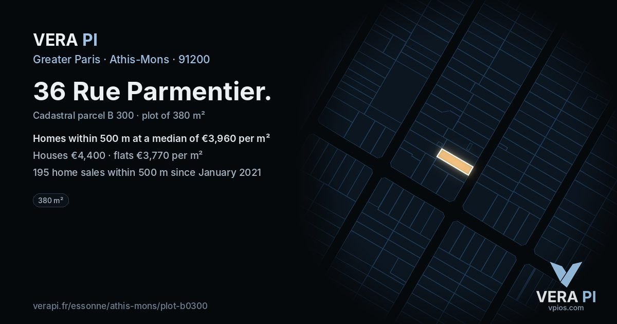 36 Rue Parmentier, Athis-Mons at night – the plot lit, the parcels around coloured by the prices near them