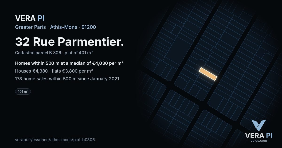 32 Rue Parmentier, Athis-Mons at night – the plot lit, the parcels around coloured by the prices near them