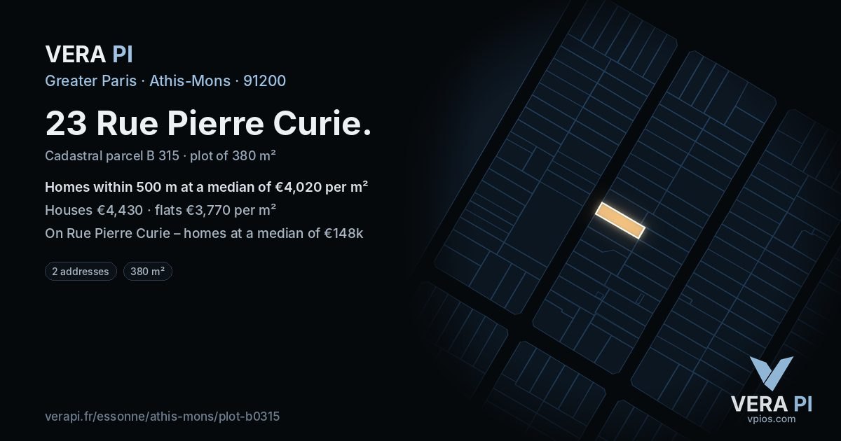 23 Rue Pierre Curie, Athis-Mons at night – the plot lit, the parcels around coloured by the prices near them