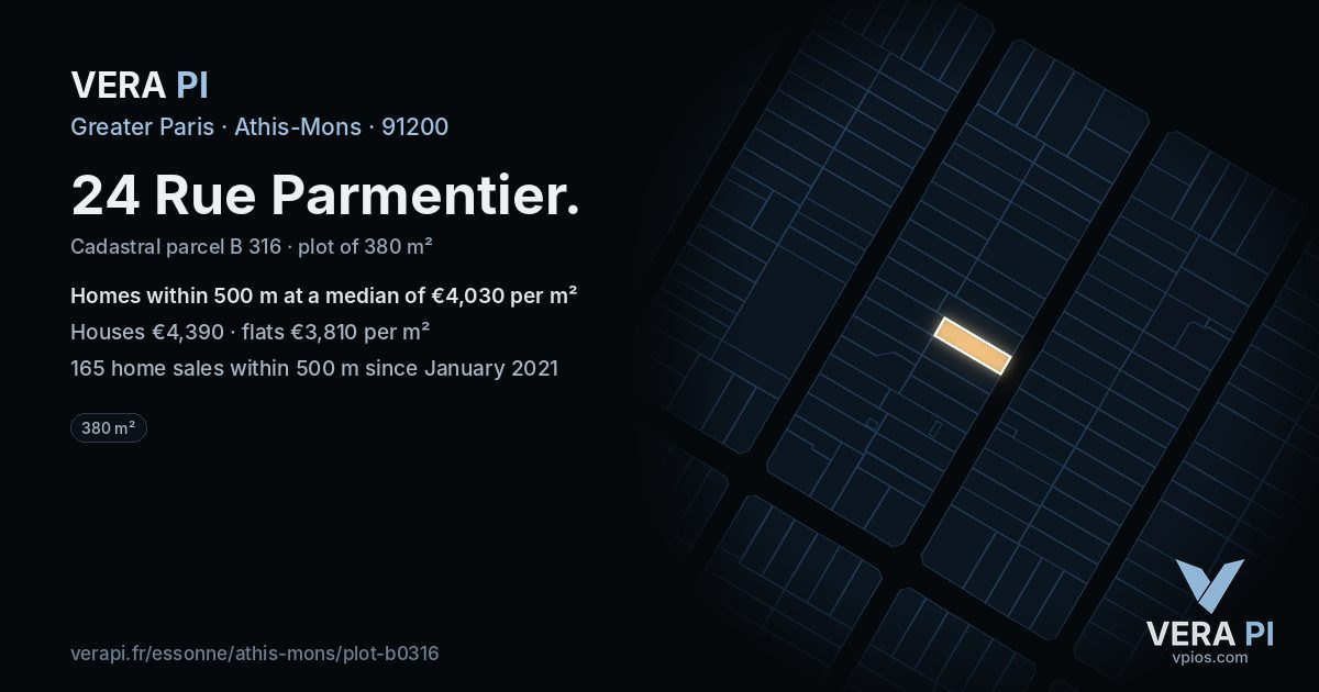 24 Rue Parmentier, Athis-Mons at night – the plot lit, the parcels around coloured by the prices near them