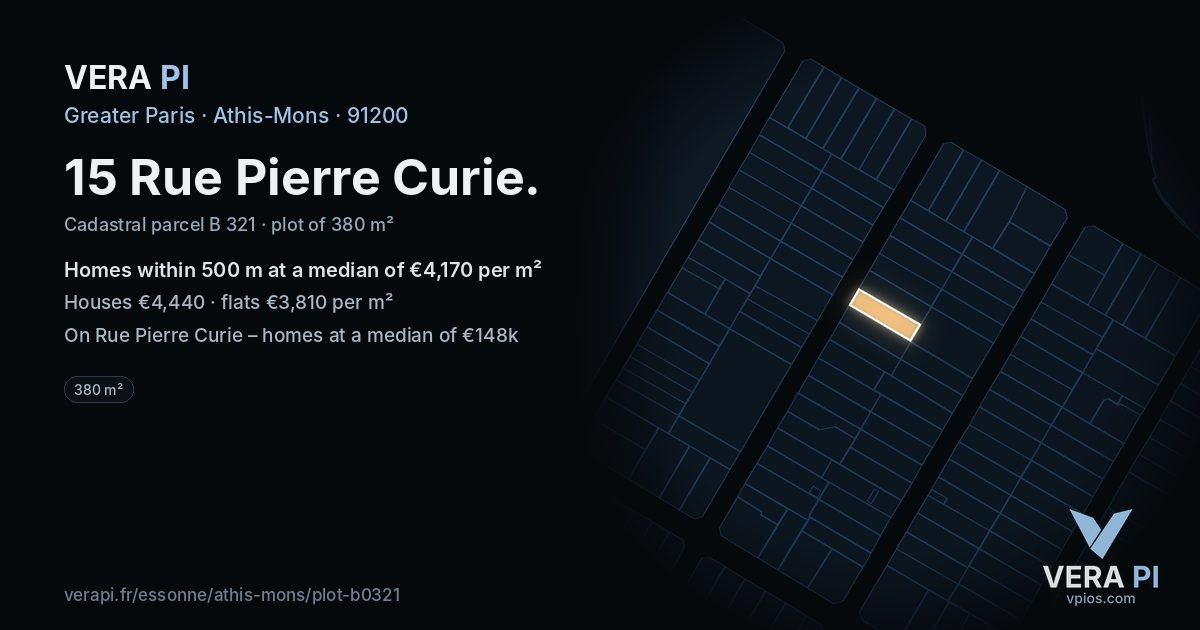 15 Rue Pierre Curie, Athis-Mons at night – the plot lit, the parcels around coloured by the prices near them