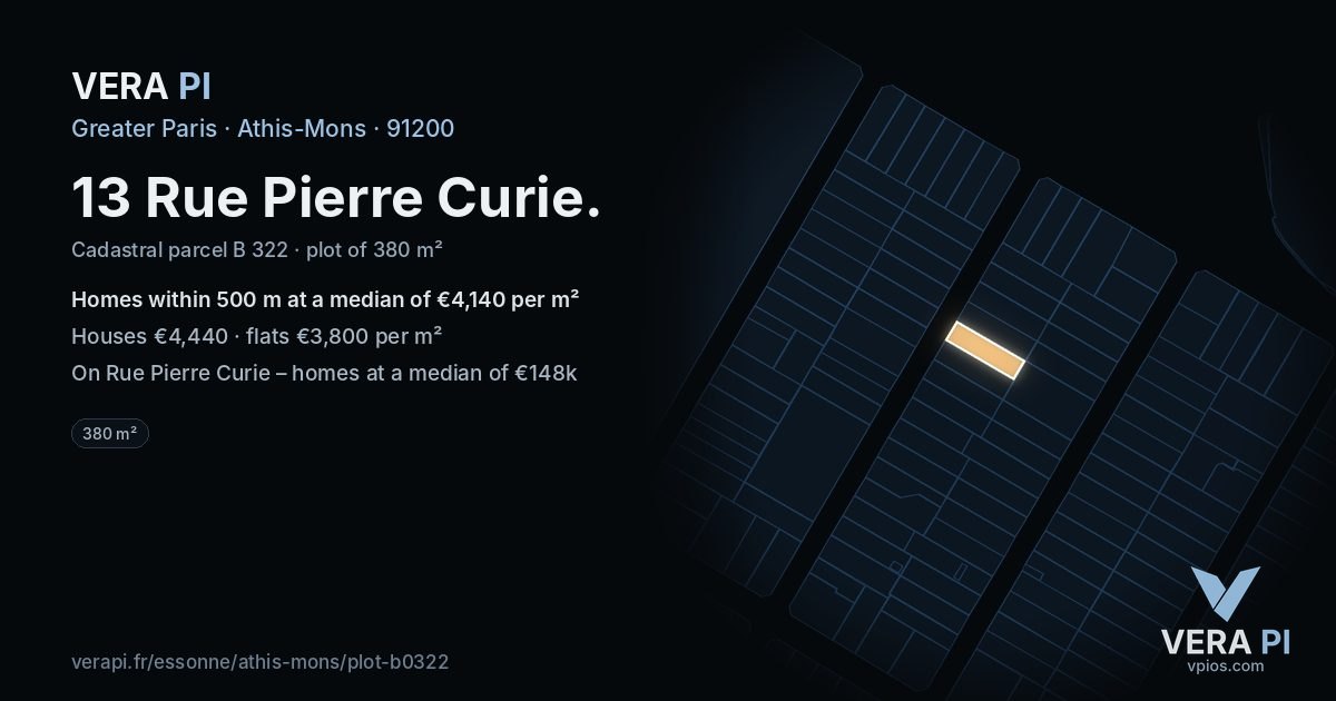 13 Rue Pierre Curie, Athis-Mons at night – the plot lit, the parcels around coloured by the prices near them