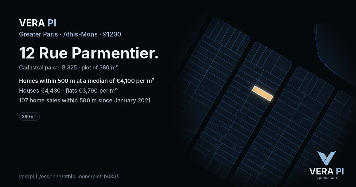 12 Rue Parmentier, Athis-Mons at night – the plot lit, the parcels around coloured by the prices near them