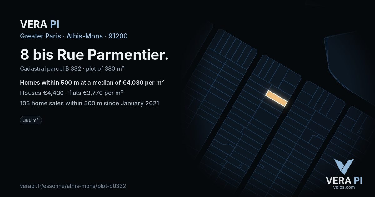 8 bis Rue Parmentier, Athis-Mons at night – the plot lit, the parcels around coloured by the prices near them