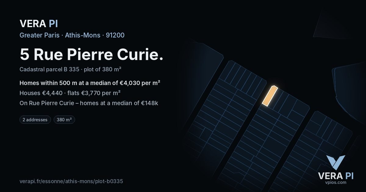 5 Rue Pierre Curie, Athis-Mons at night – the plot lit, the parcels around coloured by the prices near them
