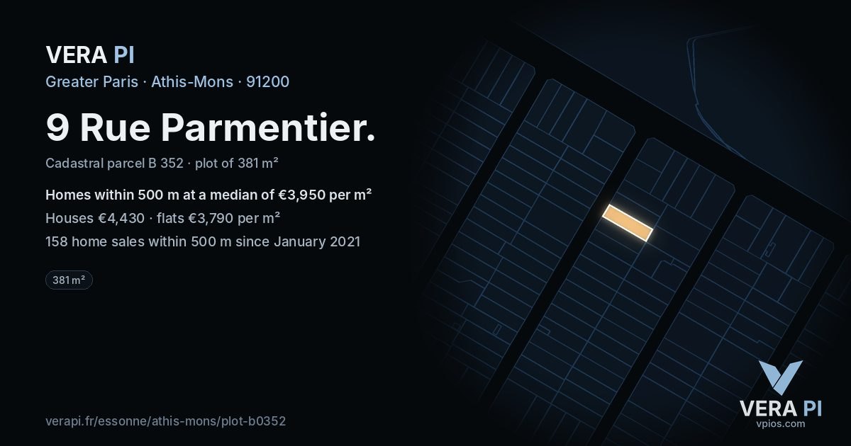 9 Rue Parmentier, Athis-Mons at night – the plot lit, the parcels around coloured by the prices near them