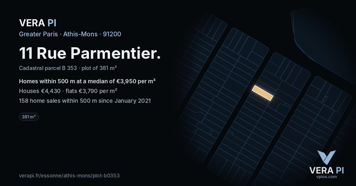 11 Rue Parmentier, Athis-Mons at night – the plot lit, the parcels around coloured by the prices near them
