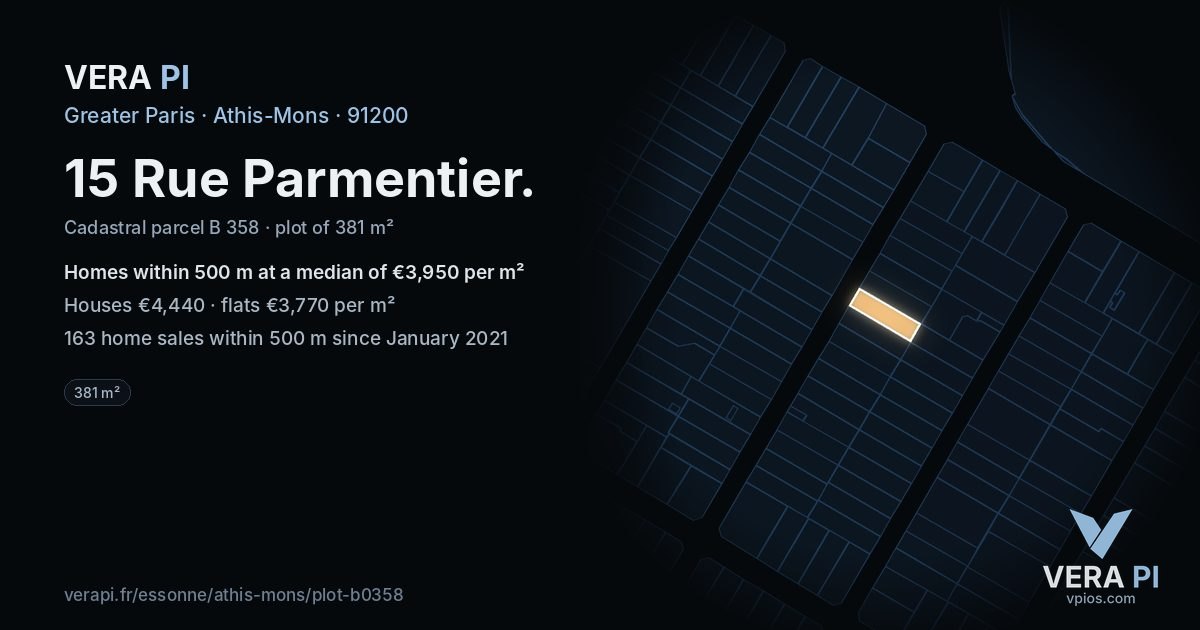 15 Rue Parmentier, Athis-Mons at night – the plot lit, the parcels around coloured by the prices near them