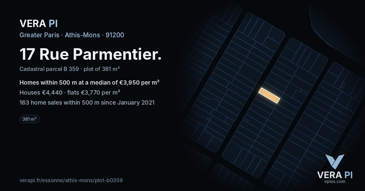 17 Rue Parmentier, Athis-Mons at night – the plot lit, the parcels around coloured by the prices near them