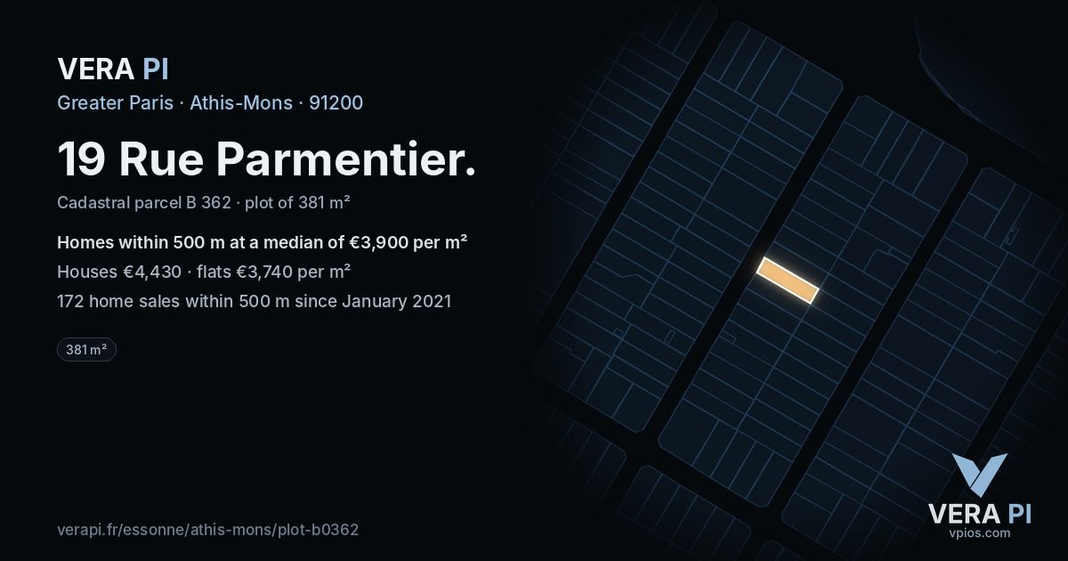 19 Rue Parmentier, Athis-Mons at night – the plot lit, the parcels around coloured by the prices near them