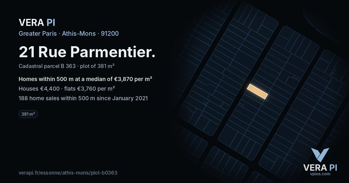 21 Rue Parmentier, Athis-Mons at night – the plot lit, the parcels around coloured by the prices near them