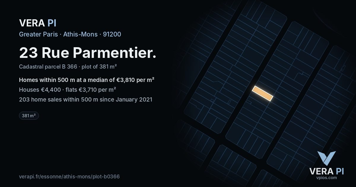 23 Rue Parmentier, Athis-Mons at night – the plot lit, the parcels around coloured by the prices near them