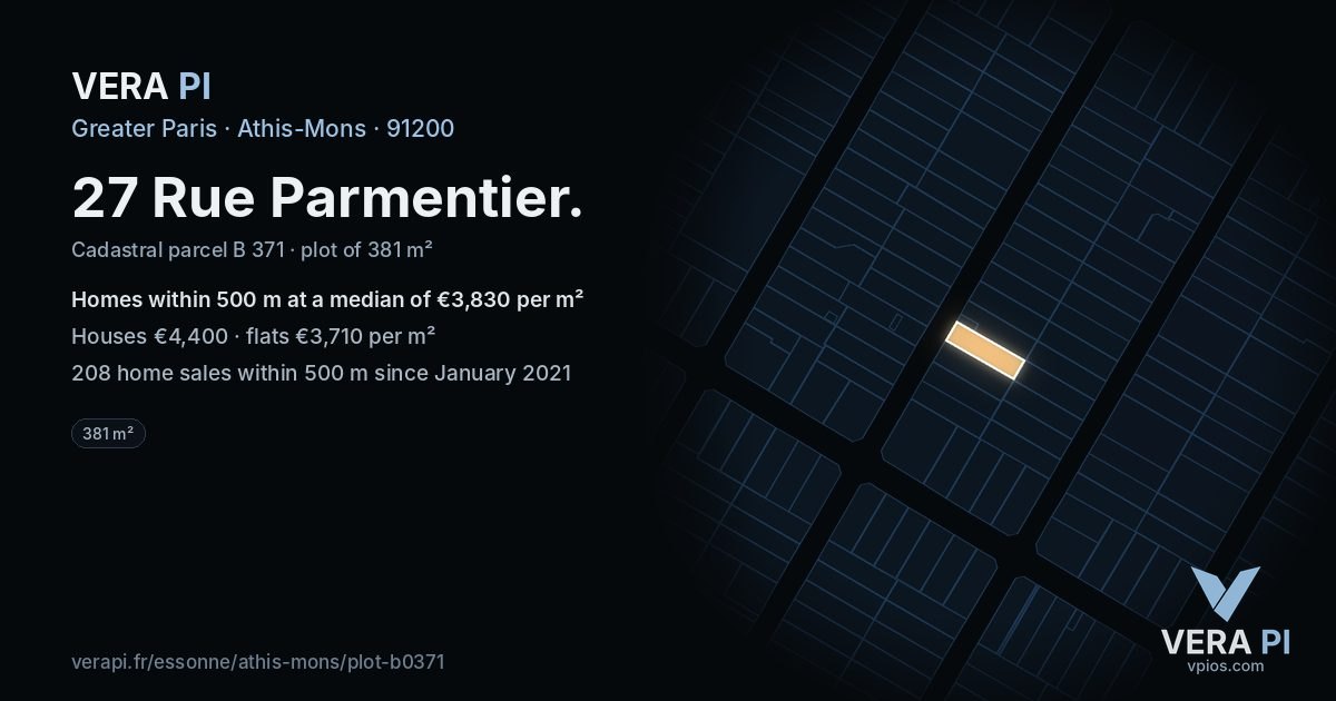27 Rue Parmentier, Athis-Mons at night – the plot lit, the parcels around coloured by the prices near them