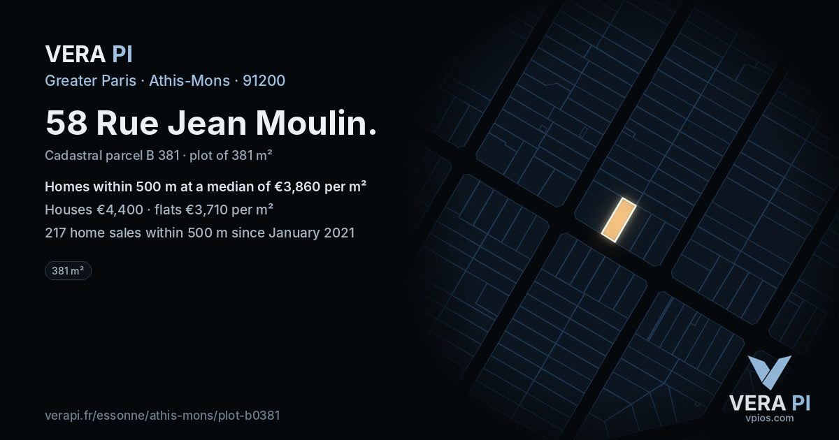 58 Rue Jean Moulin, Athis-Mons at night – the plot lit, the parcels around coloured by the prices near them