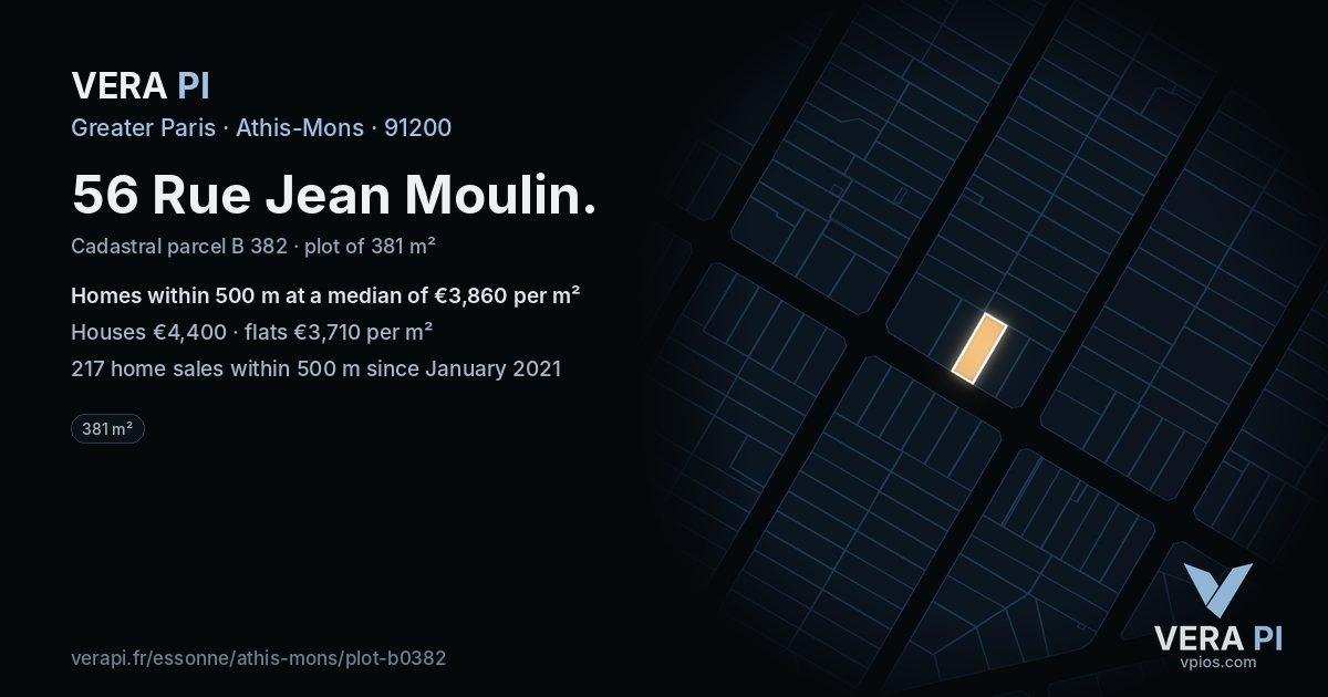 56 Rue Jean Moulin, Athis-Mons at night – the plot lit, the parcels around coloured by the prices near them