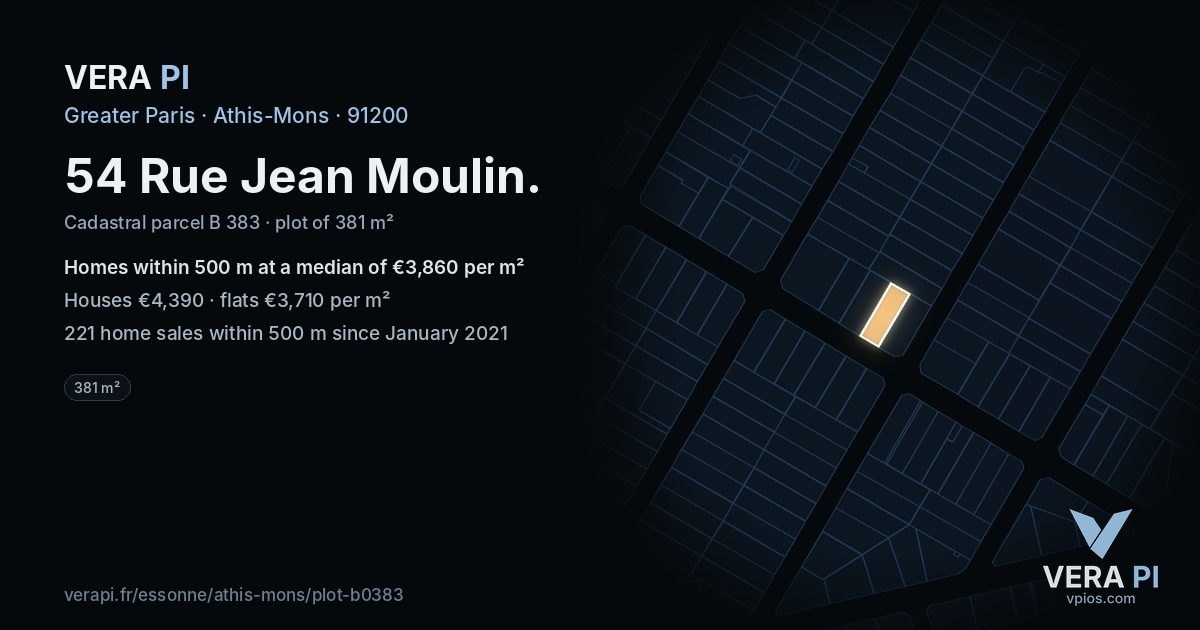 54 Rue Jean Moulin, Athis-Mons at night – the plot lit, the parcels around coloured by the prices near them