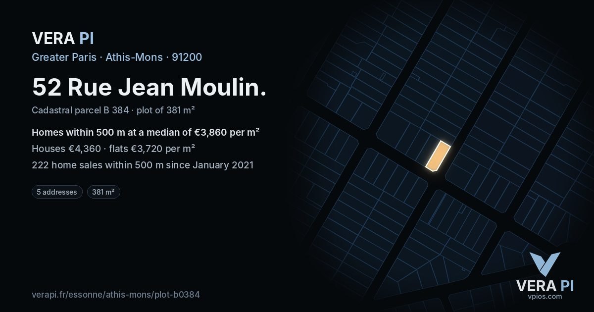 52 Rue Jean Moulin, Athis-Mons at night – the plot lit, the parcels around coloured by the prices near them