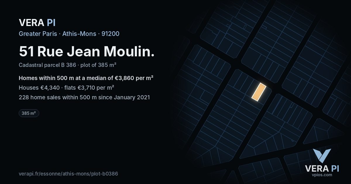 51 Rue Jean Moulin, Athis-Mons at night – the plot lit, the parcels around coloured by the prices near them