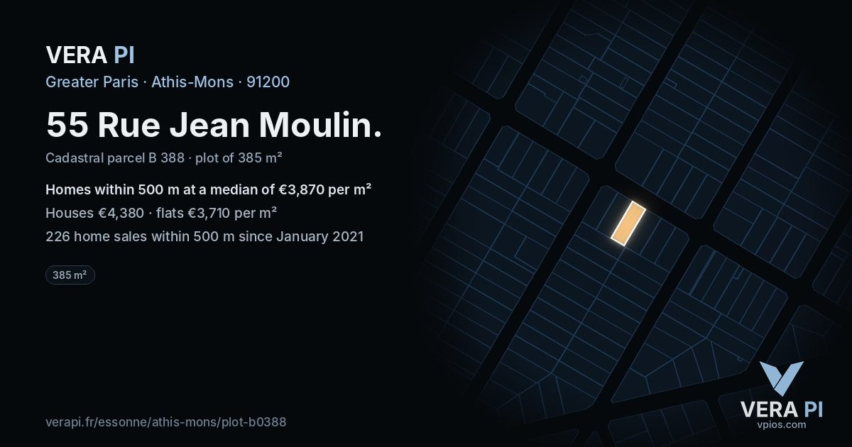 55 Rue Jean Moulin, Athis-Mons at night – the plot lit, the parcels around coloured by the prices near them