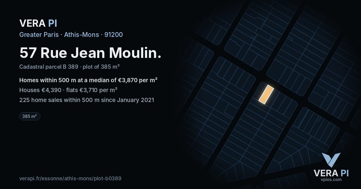 57 Rue Jean Moulin, Athis-Mons at night – the plot lit, the parcels around coloured by the prices near them