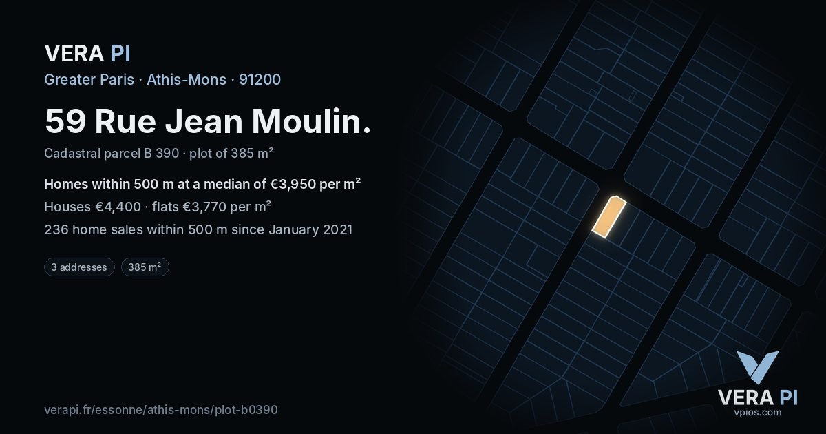 59 Rue Jean Moulin, Athis-Mons at night – the plot lit, the parcels around coloured by the prices near them