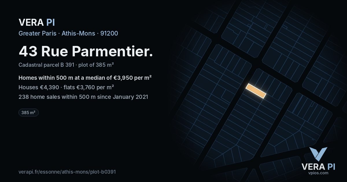 43 Rue Parmentier, Athis-Mons at night – the plot lit, the parcels around coloured by the prices near them