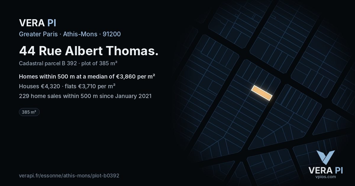 44 Rue Albert Thomas, Athis-Mons at night – the plot lit, the parcels around coloured by the prices near them