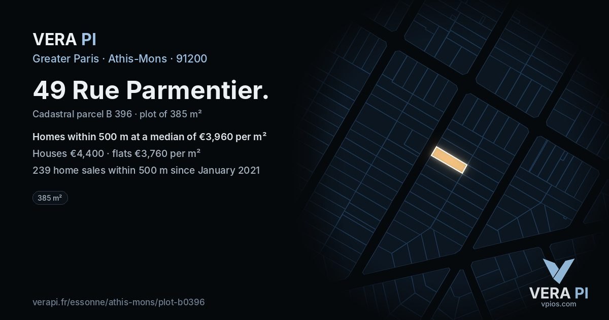 49 Rue Parmentier, Athis-Mons at night – the plot lit, the parcels around coloured by the prices near them