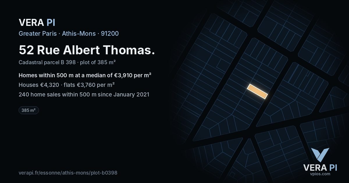 52 Rue Albert Thomas, Athis-Mons at night – the plot lit, the parcels around coloured by the prices near them