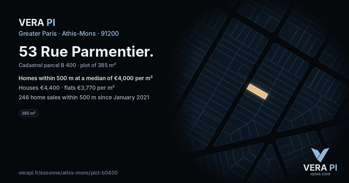 53 Rue Parmentier, Athis-Mons at night – the plot lit, the parcels around coloured by the prices near them